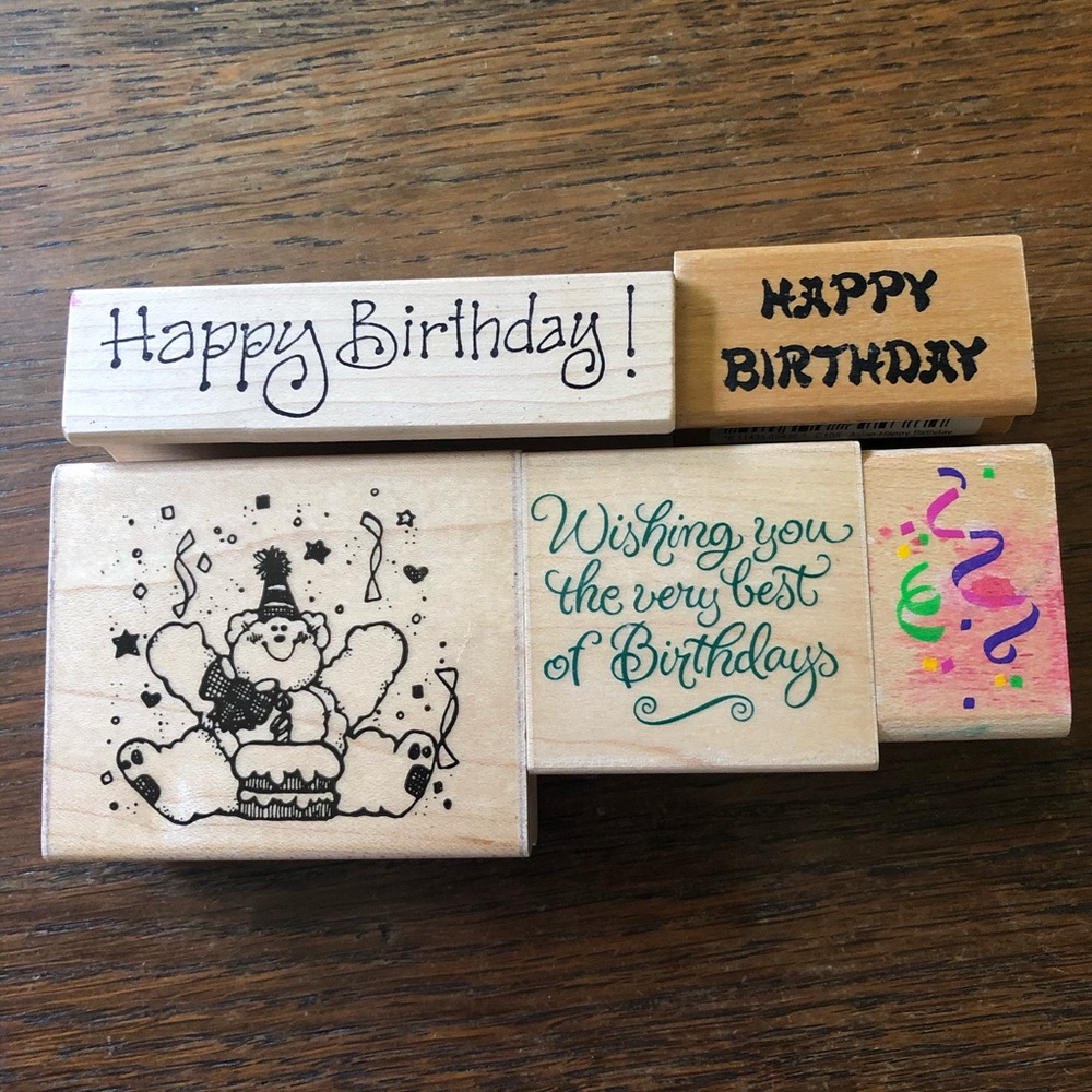 Wood mounted Happy Birthday theme lot of 5 stamps